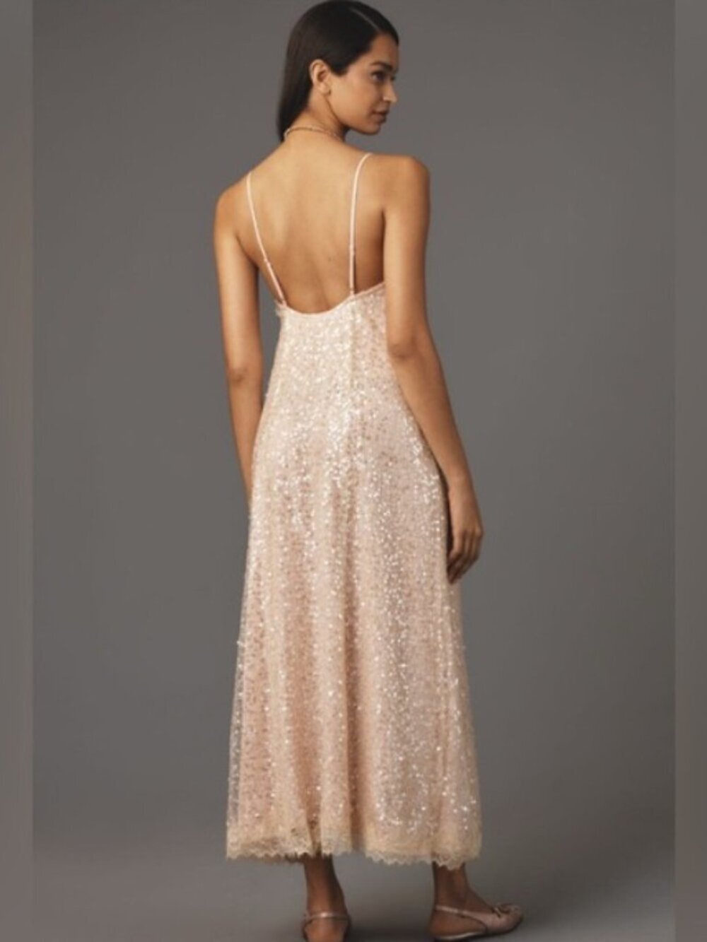 Anthropologie Sleeveless V-Neck Lace Sequin Slip Midi Dress - Picture 3 of 11